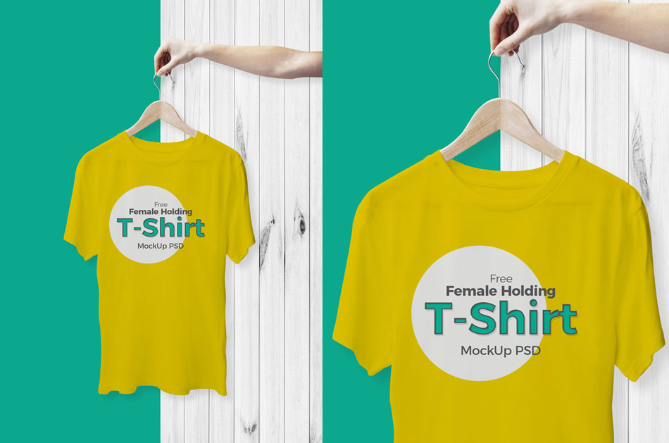 Female-Holding-With-Hanger-T-Shirt-Mockup-Free-PSD