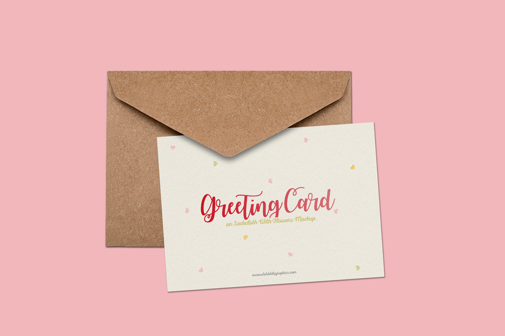 Free-Greeting-Card-on-Sackcloth-With-Flowers-PSD-Mockup