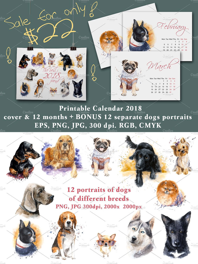 Hand-Drawn-Watercolor-Dogs-Illustrations-Calendar-2018