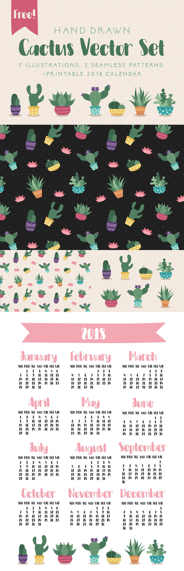 Free-Ai-Hand-drawn-Cactus-Vector-Set-With-7-Illustrations,-2-Seamless-Patterns-&-2018-Printable-Calendar