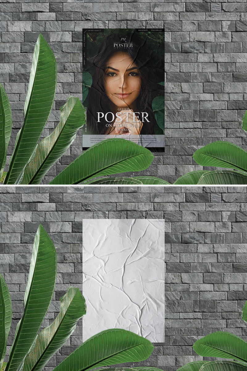 Free-Modern-Glued-Poster-on-Stone-Bricks-Wall-Mockup