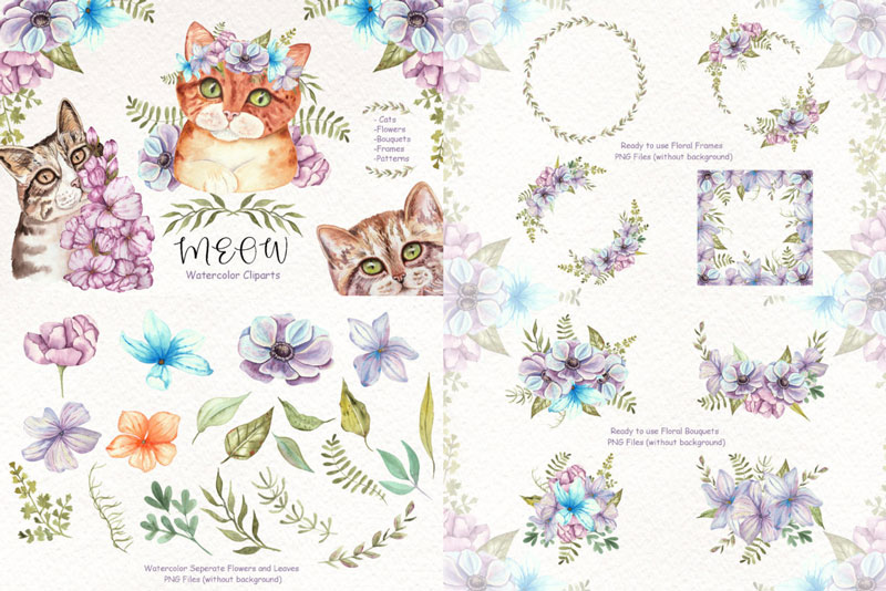 Watercolor-Cats-and-Flowers-Graphic